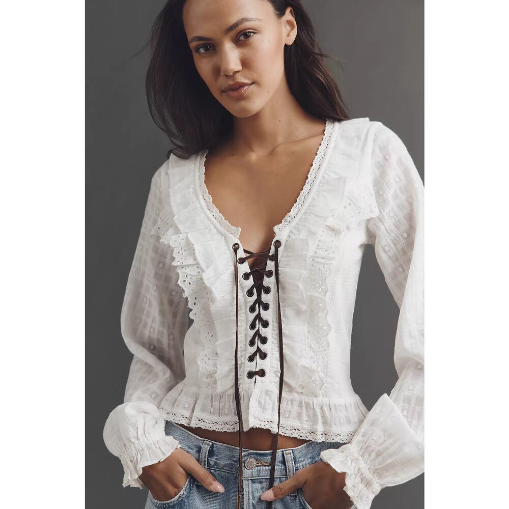 NWT / Pilcro for Anthropologie Eyelet Ruffle Long-Sleeve Blouse / sz S